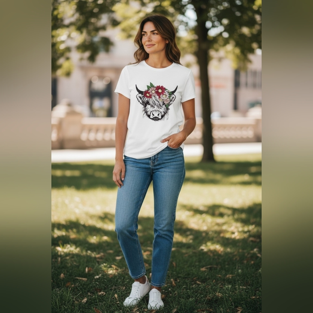 Freeze Cotton Blend White Tee with Floral Cow Graphic